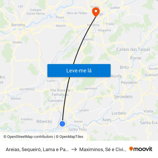 Areias, Sequeiró, Lama e Palmeira to Maximinos, Sé e Cividade map