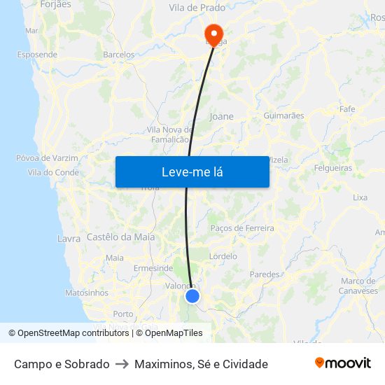 Campo e Sobrado to Maximinos, Sé e Cividade map