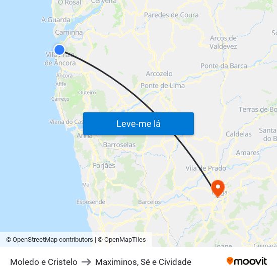 Moledo e Cristelo to Maximinos, Sé e Cividade map