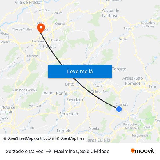 Serzedo e Calvos to Maximinos, Sé e Cividade map