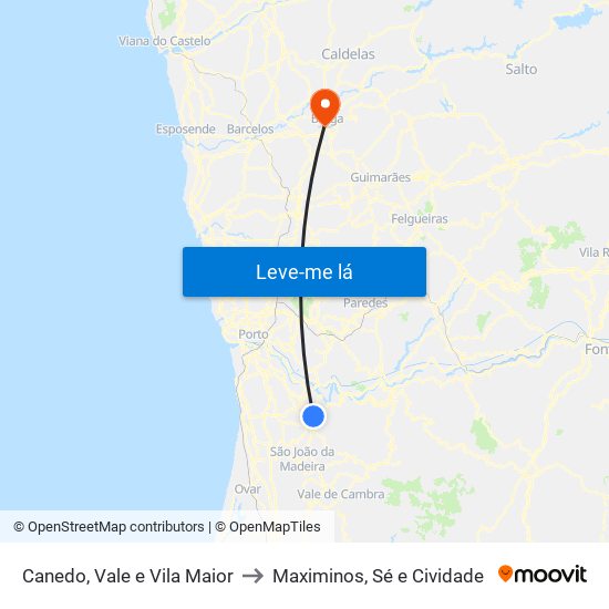 Canedo, Vale e Vila Maior to Maximinos, Sé e Cividade map