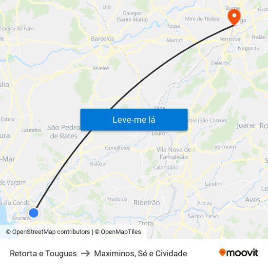 Retorta e Tougues to Maximinos, Sé e Cividade map