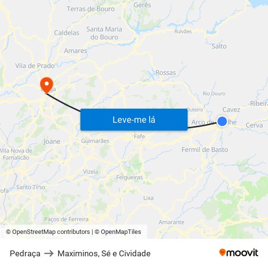 Pedraça to Maximinos, Sé e Cividade map