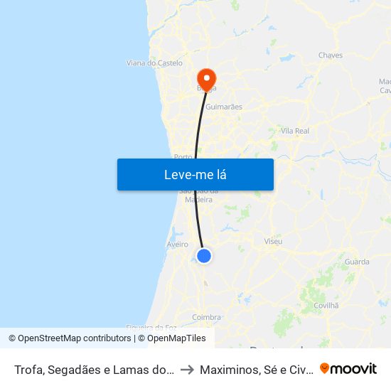 Trofa, Segadães e Lamas do Vouga to Maximinos, Sé e Cividade map