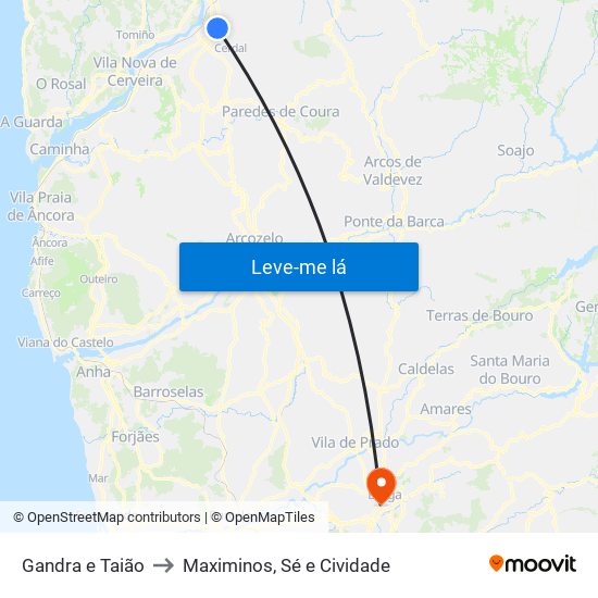 Gandra e Taião to Maximinos, Sé e Cividade map
