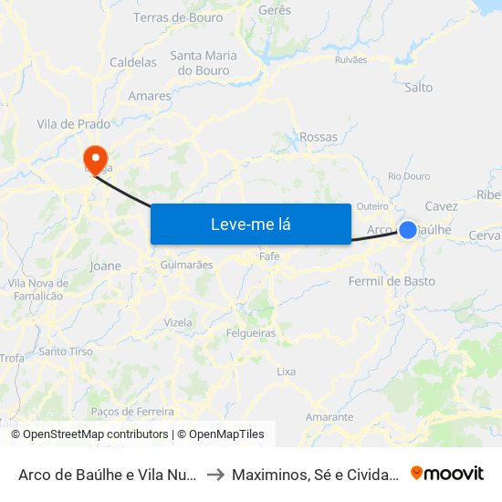 Arco de Baúlhe e Vila Nune to Maximinos, Sé e Cividade map