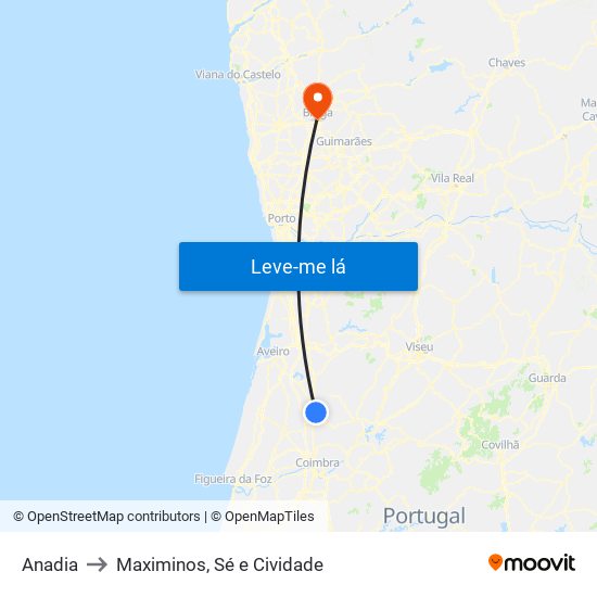 Anadia to Maximinos, Sé e Cividade map