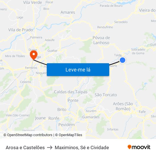 Arosa e Castelões to Maximinos, Sé e Cividade map