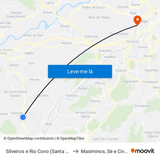 Silveiros e Rio Covo (Santa Eulália) to Maximinos, Sé e Cividade map
