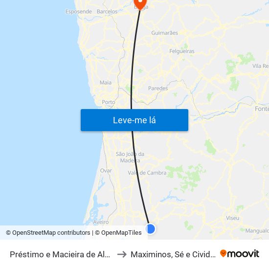 Préstimo e Macieira de Alcoba to Maximinos, Sé e Cividade map