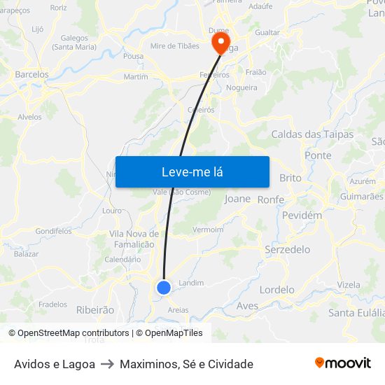 Avidos e Lagoa to Maximinos, Sé e Cividade map