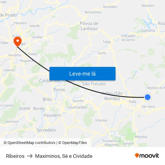 Ribeiros to Maximinos, Sé e Cividade map