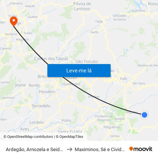 Ardegão, Arnozela e Seidões to Maximinos, Sé e Cividade map