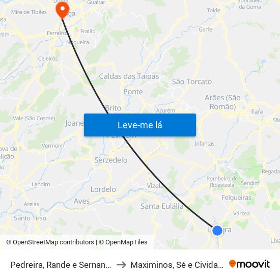 Pedreira, Rande e Sernande to Maximinos, Sé e Cividade map