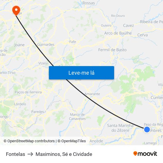 Fontelas to Maximinos, Sé e Cividade map