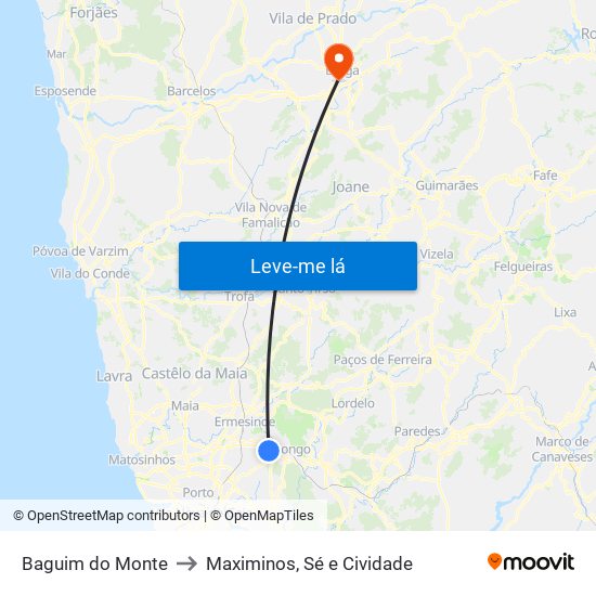 Baguim do Monte to Maximinos, Sé e Cividade map