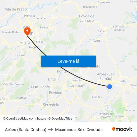 Arões (Santa Cristina) to Maximinos, Sé e Cividade map