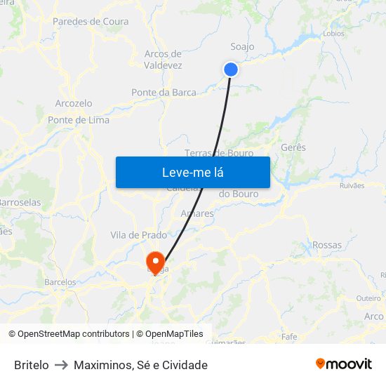 Britelo to Maximinos, Sé e Cividade map