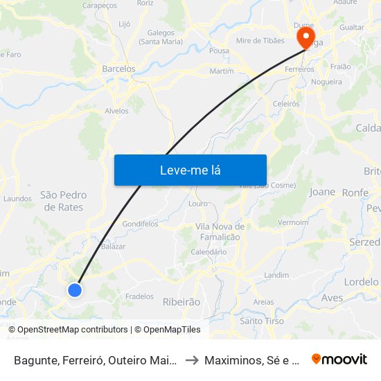 Bagunte, Ferreiró, Outeiro Maior e Parada to Maximinos, Sé e Cividade map