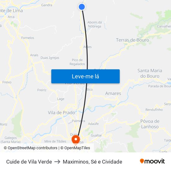 Cuide de Vila Verde to Maximinos, Sé e Cividade map