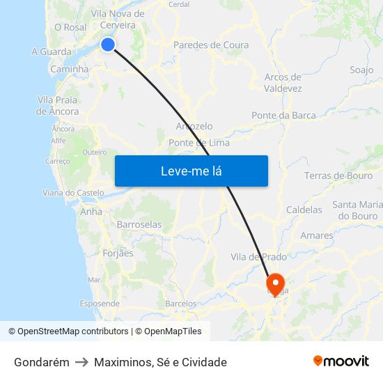 Gondarém to Maximinos, Sé e Cividade map