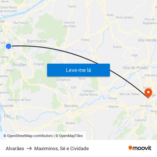 Alvarães to Maximinos, Sé e Cividade map