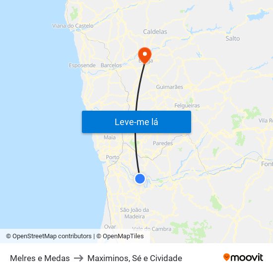 Melres e Medas to Maximinos, Sé e Cividade map