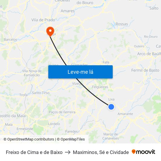 Freixo de Cima e de Baixo to Maximinos, Sé e Cividade map