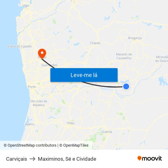 Carviçais to Maximinos, Sé e Cividade map