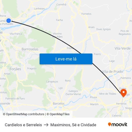 Cardielos e Serreleis to Maximinos, Sé e Cividade map