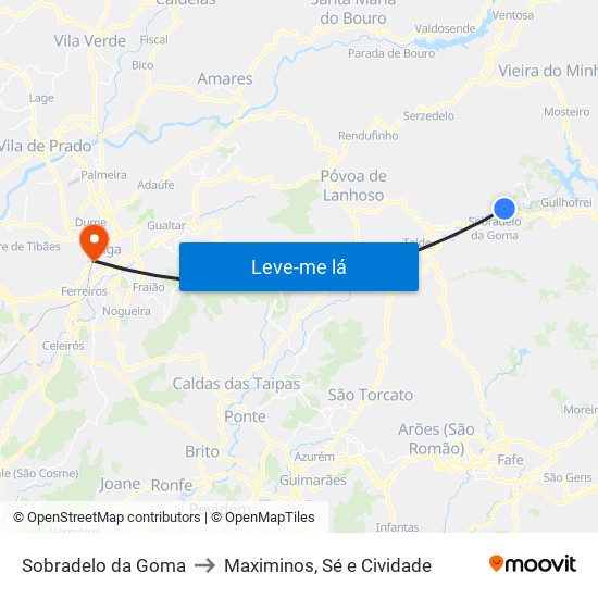 Sobradelo da Goma to Maximinos, Sé e Cividade map