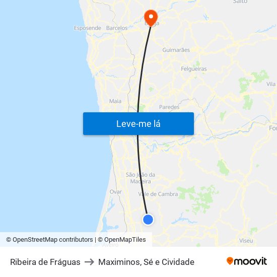 Ribeira de Fráguas to Maximinos, Sé e Cividade map