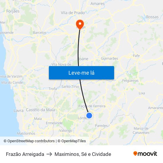 Frazão Arreigada to Maximinos, Sé e Cividade map