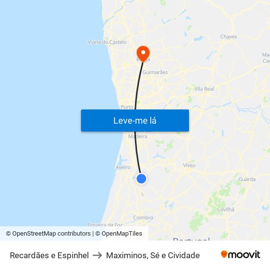 Recardães e Espinhel to Maximinos, Sé e Cividade map