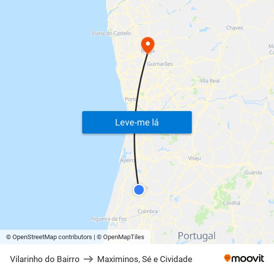 Vilarinho do Bairro to Maximinos, Sé e Cividade map