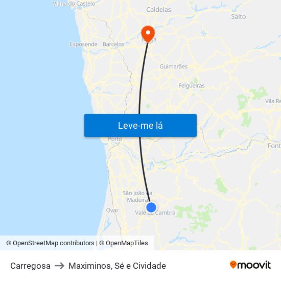 Carregosa to Maximinos, Sé e Cividade map