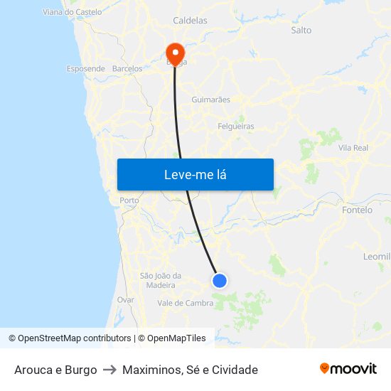 Arouca e Burgo to Maximinos, Sé e Cividade map