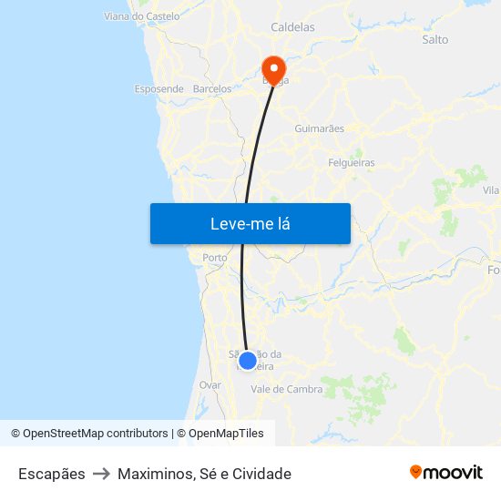 Escapães to Maximinos, Sé e Cividade map