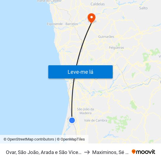 Ovar, São João, Arada e São Vicente de Pereira Jusã to Maximinos, Sé e Cividade map