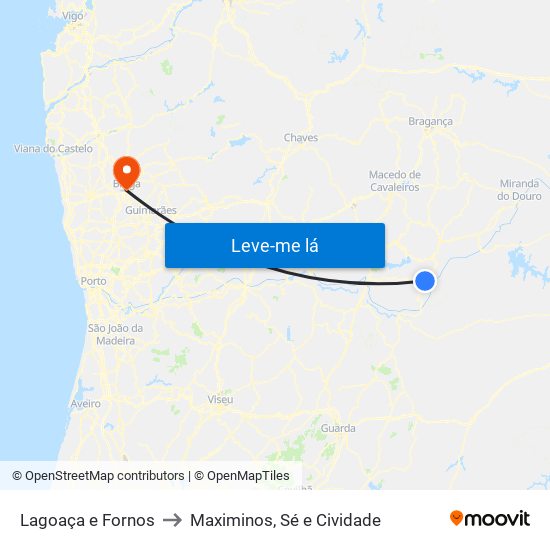 Lagoaça e Fornos to Maximinos, Sé e Cividade map