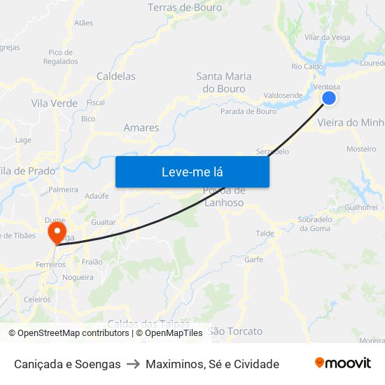 Caniçada e Soengas to Maximinos, Sé e Cividade map