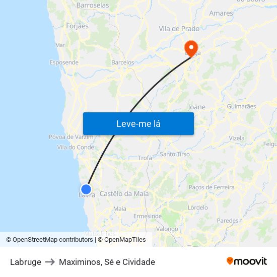 Labruge to Maximinos, Sé e Cividade map