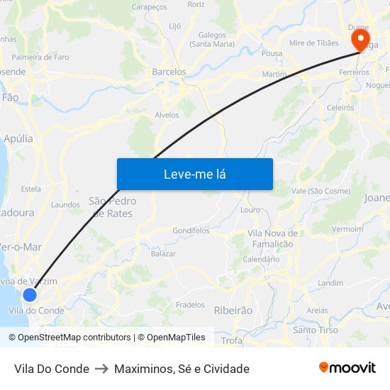 Vila Do Conde to Maximinos, Sé e Cividade map
