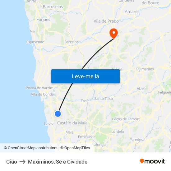 Gião to Maximinos, Sé e Cividade map