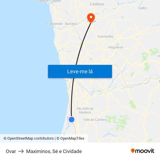 Ovar to Maximinos, Sé e Cividade map