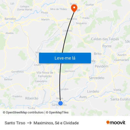 Santo Tirso to Maximinos, Sé e Cividade map
