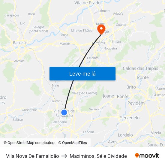 Vila Nova De Famalicão to Maximinos, Sé e Cividade map