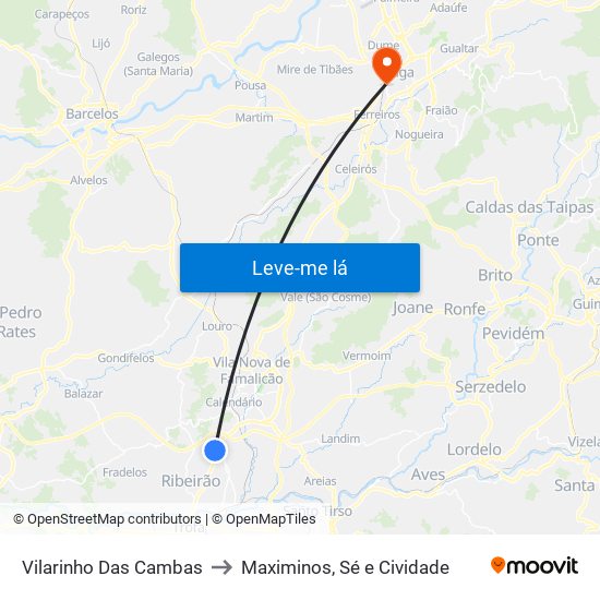 Vilarinho Das Cambas to Maximinos, Sé e Cividade map