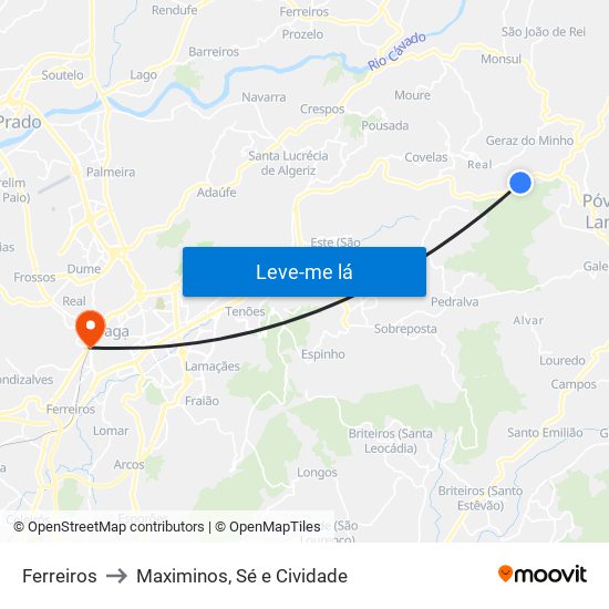 Ferreiros to Maximinos, Sé e Cividade map