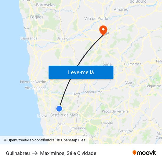 Guilhabreu to Maximinos, Sé e Cividade map